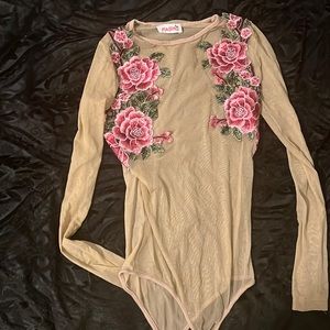 Mesh See-Through Top W/ Flower Design
